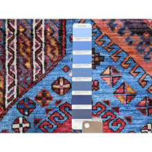 Load image into Gallery viewer, 5&#39;10&quot;x9&#39; Azure Blue And Comfort White, Hand Knotted, Shiny Wool, Colorful Turkish Knot Geometric Elements With Small Birds Figurines, Striped Oriental Rug FWR521886