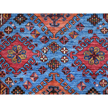 Load image into Gallery viewer, 5&#39;10&quot;x9&#39; Azure Blue And Comfort White, Hand Knotted, Shiny Wool, Colorful Turkish Knot Geometric Elements With Small Birds Figurines, Striped Oriental Rug FWR521886