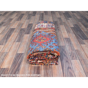 5'10"x9' Azure Blue And Comfort White, Hand Knotted, Shiny Wool, Colorful Turkish Knot Geometric Elements With Small Birds Figurines, Striped Oriental Rug FWR521886