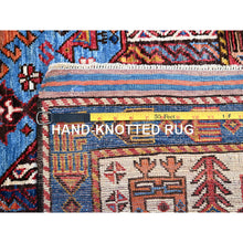 Load image into Gallery viewer, 5&#39;10&quot;x9&#39; Azure Blue And Comfort White, Hand Knotted, Shiny Wool, Colorful Turkish Knot Geometric Elements With Small Birds Figurines, Striped Oriental Rug FWR521886