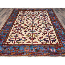 Load image into Gallery viewer, 6&#39;x7&#39;8&quot; Pepper White And Atlassian Blue Border, Shiny Wool, Turkish Knot With Small Birds Figurines, Hand Knotted Oriental Rug FWR521898