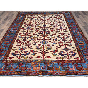 6'x7'8" Pepper White And Atlassian Blue Border, Shiny Wool, Turkish Knot With Small Birds Figurines, Hand Knotted Oriental Rug FWR521898