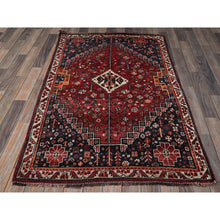 Load image into Gallery viewer, 3&#39;6&quot;x5&#39;1&quot; Scarlet Red, Vintage Persian Shiraz with Geometric Medallion Design, Shaved Low, Zero Pile, Sides and Ends Professionally Secured, Clean, Hand Knotted, 100% Wool, Oriental Rug 69 FWR5214