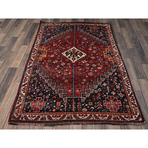 3'6"x5'1" Scarlet Red, Vintage Persian Shiraz with Geometric Medallion Design, Shaved Low, Zero Pile, Sides and Ends Professionally Secured, Clean, Hand Knotted, 100% Wool, Oriental Rug 69 FWR5214