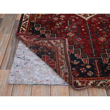 Load image into Gallery viewer, 3&#39;6&quot;x5&#39;1&quot; Scarlet Red, Vintage Persian Shiraz with Geometric Medallion Design, Shaved Low, Zero Pile, Sides and Ends Professionally Secured, Clean, Hand Knotted, 100% Wool, Oriental Rug 69 FWR5214