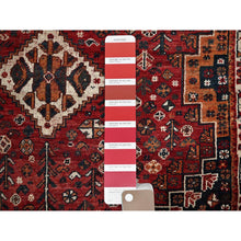 Load image into Gallery viewer, 3&#39;6&quot;x5&#39;1&quot; Scarlet Red, Vintage Persian Shiraz with Geometric Medallion Design, Shaved Low, Zero Pile, Sides and Ends Professionally Secured, Clean, Hand Knotted, 100% Wool, Oriental Rug 69 FWR5214