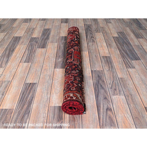 3'6"x5'1" Scarlet Red, Vintage Persian Shiraz with Geometric Medallion Design, Shaved Low, Zero Pile, Sides and Ends Professionally Secured, Clean, Hand Knotted, 100% Wool, Oriental Rug 69 FWR5214