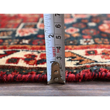 Load image into Gallery viewer, 3&#39;6&quot;x5&#39;1&quot; Scarlet Red, Vintage Persian Shiraz with Geometric Medallion Design, Shaved Low, Zero Pile, Sides and Ends Professionally Secured, Clean, Hand Knotted, 100% Wool, Oriental Rug 69 FWR5214