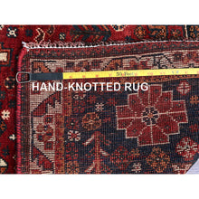 Load image into Gallery viewer, 3&#39;6&quot;x5&#39;1&quot; Scarlet Red, Vintage Persian Shiraz With Geometric Medallion Design, Shaved Low, Zero Pile, Sides And Ends Professionally Secured, Clean, Hand Knotted, 100% Wool, Oriental Rug FWR5214