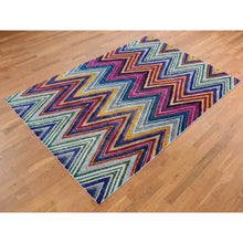 Load image into Gallery viewer, 6&#39;x9&#39; Rouge Pink, Hand Knotted, Colorful Chevron Design, Sari Silk with Textured Wool, Oriental Rug FWR522030