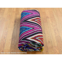 Load image into Gallery viewer, 6&#39;x9&#39; Rouge Pink, Hand Knotted, Colorful Chevron Design, Sari Silk With Textured Wool, Oriental Rug FWR522030