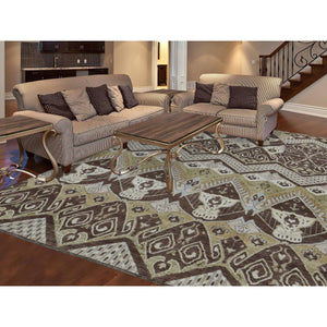8'1"x10' Bistre Brown, Ikat Tribal And Geometric Design, Pure Wool, Hand Knotted, Oriental Rug FWR522042