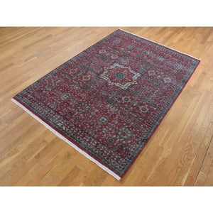 6'1"x9' Vermilion Red, Vintage Look Mamluk, Zero Pile, Shaved Down, Worn and Distressed Wool, Hand Knotted, Oriental Rug FWR522072