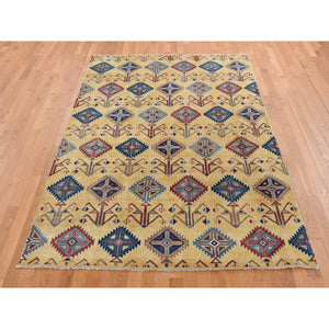 6'1"x9'1" Mellow Yellow, Special Kazak with Southwestern Design, Hand Knotted, Soft Wool, Oriental Rug FWR522078