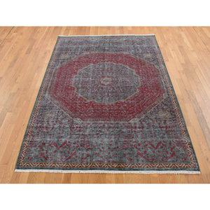 6'x9' Feldgrau Green, Vintage Look Mamluk, Zero Pile, Shaved Low, Worn Wool, Hand Knotted, Oriental Rug FWR522090