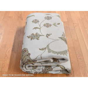 6'x9'2" Timberwolf Gray, Open And Large Leaf And Flower Rajasthan Design, On Clearance, No Border, Wool And Silk, Hand Knotted, Oriental Rug FWR522102