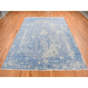 9'2"x12'1" Steel Blue, Broken And Erased Persian Design, Wool And Pure Silk, Hand Knotted, Oriental Rug FWR522378