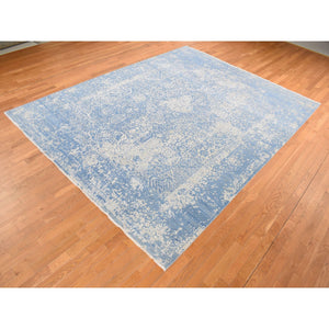 9'2"x12'1" Steel Blue, Broken And Erased Persian Design, Wool And Pure Silk, Hand Knotted, Oriental Rug FWR522378