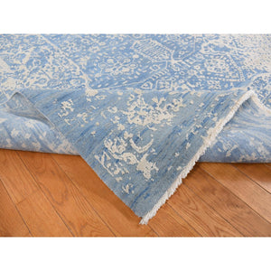 9'2"x12'1" Steel Blue, Broken And Erased Persian Design, Wool And Pure Silk, Hand Knotted, Oriental Rug FWR522378