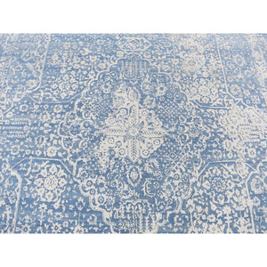 9'2"x12'1" Steel Blue, Broken And Erased Persian Design, Wool And Pure Silk, Hand Knotted, Oriental Rug FWR522378