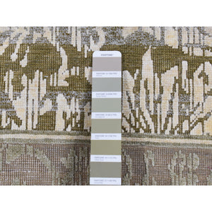 8'9"x12'1" Artichoke Green, Silk with Textured Wool, Abrash and Flower Artistic Motifs, Hand Knotted, Oriental Rug FWR522426
