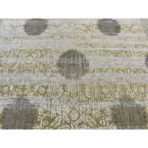 8'9"x12'1" Artichoke Green, Silk with Textured Wool, Abrash and Flower Artistic Motifs, Hand Knotted, Oriental Rug FWR522426