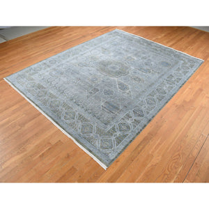 9'x11'7" Cadet Gray, Silk With Textured Wool, Mamluk Design, Hand Knotted, Oriental Rug FWR522450
