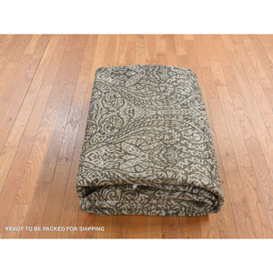 8'8"x12'3" Jet Gray, Hand Knotted, Arts And Crafts With Mughal Influence Design, Tone On Tone, Wool With Real Silk, Oriental Rug FWR522486