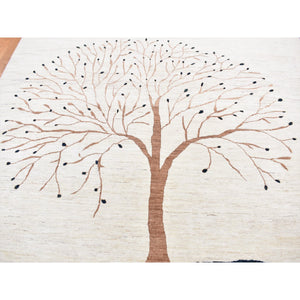9'8"x13'8" Ivory, Hand Knotted, Modern Folk Art Tree Design Gabbeh, Persian Wool, Oriental Rug FWR522504
