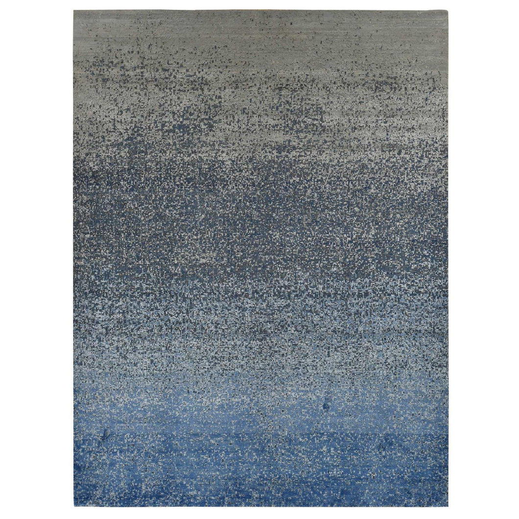 10'x14' Yale Blue, Pure Wool and Silk, Modern Gradation Design, Hand Knotted, Oriental Rug FWR522510