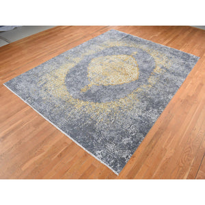 9'x11'10" Carbon Gray With Gold, Persian Medallion Design, Wool And Pure Silk, Hand Knotted, Oriental Rug FWR522534