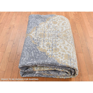 9'x11'10" Carbon Gray With Gold, Persian Medallion Design, Wool And Pure Silk, Hand Knotted, Oriental Rug FWR522534