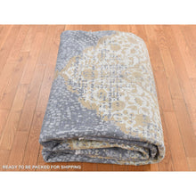 Load image into Gallery viewer, 9&#39;x11&#39;10&quot; Carbon Gray With Gold, Persian Medallion Design, Wool And Pure Silk, Hand Knotted, Oriental Rug FWR522534
