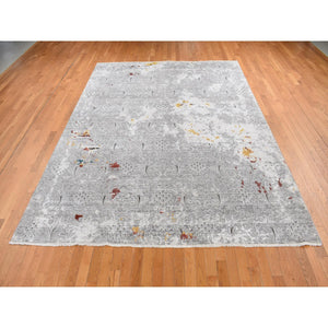 8'9"x11'10" Gainsboro Gray, Hand Knotted, Modern Broken And Erased Lotus Flower All Over Design, Wool And Silk, Oriental Rug FWR522546