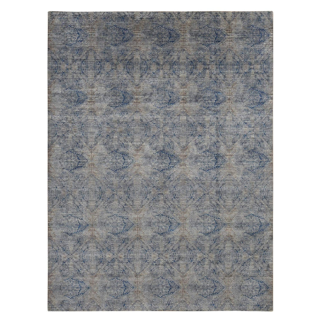 9'x12' Wolf Gray, Broken and Erased Geometric Rosette Design, Wool and Silk, Hand Knotted, Oriental Rug FWR522570