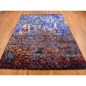 8'10"x12' Sapphire Blue, Hand Knotted, Galactical Modern Design, Sari Silk and Textured Pile, Oriental Rug FWR522588