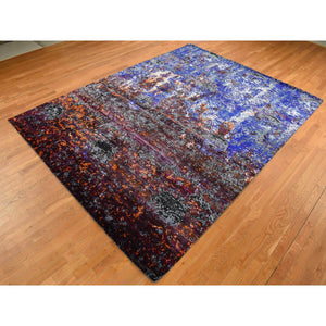8'10"x12' Sapphire Blue, Hand Knotted, Galactical Modern Design, Sari Silk and Textured Pile, Oriental Rug FWR522588
