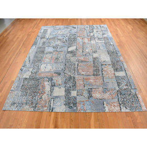 9'x12'2" Ruddy Blue, Modern Brick Design, Thick And Plush, Hand Knotted, Wool And Real Silk, Oriental Rug FWR522612
