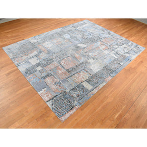 9'x12'2" Ruddy Blue, Modern Brick Design, Thick And Plush, Hand Knotted, Wool And Real Silk, Oriental Rug FWR522612