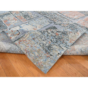 9'x12'2" Ruddy Blue, Modern Brick Design, Thick And Plush, Hand Knotted, Wool And Real Silk, Oriental Rug FWR522612