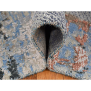 9'x12'2" Ruddy Blue, Modern Brick Design, Thick And Plush, Hand Knotted, Wool And Real Silk, Oriental Rug FWR522612