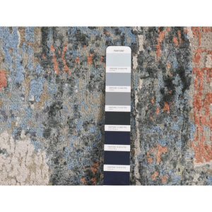9'x12'2" Ruddy Blue, Modern Brick Design, Thick And Plush, Hand Knotted, Wool And Real Silk, Oriental Rug FWR522612