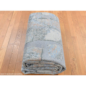 9'x12'2" Ruddy Blue, Modern Brick Design, Thick And Plush, Hand Knotted, Wool And Real Silk, Oriental Rug FWR522612