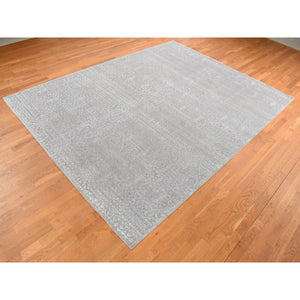 9'x12'1" Battleship Gray, Silk With Textured Wool, Tone On Tone, Hand Knotted, Oriental Rug FWR522624