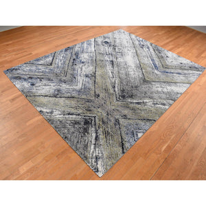 9'x12'1" Battleship Gray, The Wood Grain Design, Silk With Textured Wool, Hand Knotted, Oriental Rug FWR522642