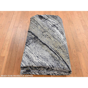 9'x12'1" Battleship Gray, The Wood Grain Design, Silk With Textured Wool, Hand Knotted, Oriental Rug FWR522642