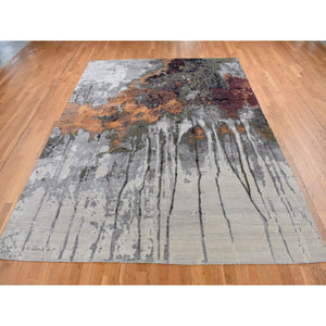 8'10"x12'3" Agreeable Gray, Abstract Dripping Design, Wool And Pure Silk, Hand Knotted, Oriental Rug FWR522684