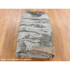 8'10"x12'3" Agreeable Gray, Abstract Dripping Design, Wool And Pure Silk, Hand Knotted, Oriental Rug FWR522684