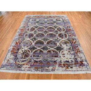9'x12' Little Princess Purple, COLORFUL ERASED ROSSETS, Sari Silk with Textured Wool, Hand Knotted, Oriental Rug FWR522696