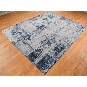 9'3"x12' Arsenic Gray, Hand Knotted, Broken And Erased Circles Design, Wool And Silk, Hi-lo Pile, Oriental Rug FWR522720